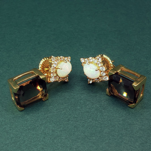 Gold Drop Earrings with Square Cabochon Opals