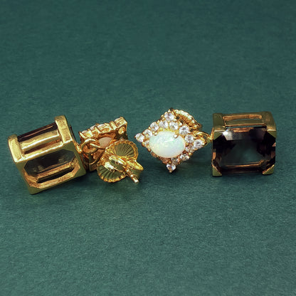 Gold Drop Earrings with Square Cabochon Opals