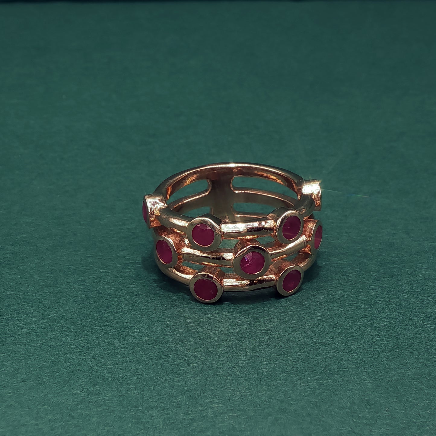 Gold Multi-Stone Ring with Round Red Ruby Cabochons