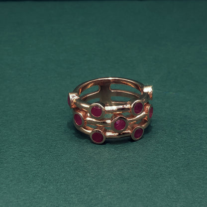 Gold Multi-Stone Ring with Round Red Ruby Cabochons