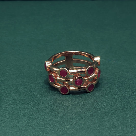Gold Multi-Stone Ring with Round Red Ruby Cabochons