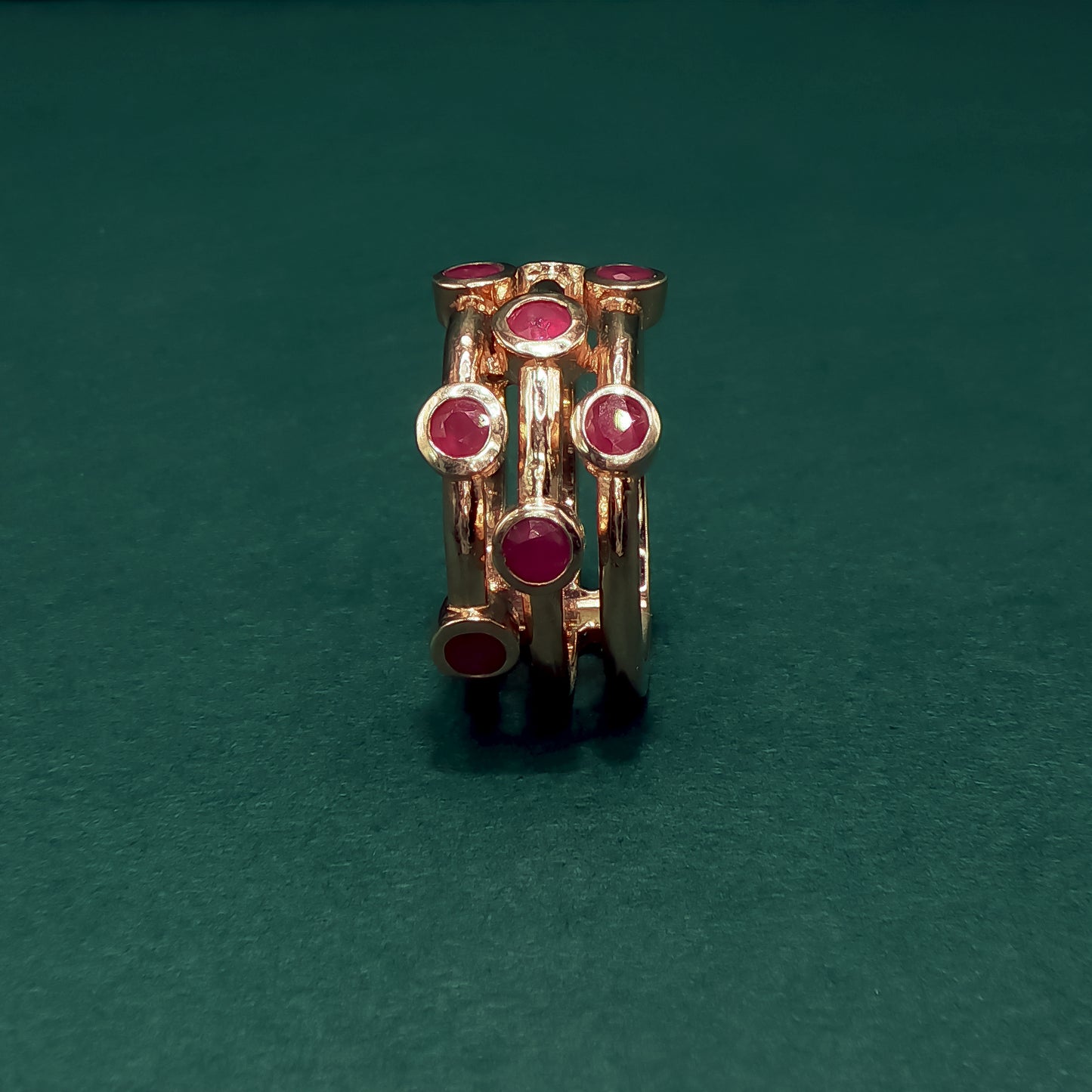 Gold Multi-Stone Ring with Round Red Ruby Cabochons