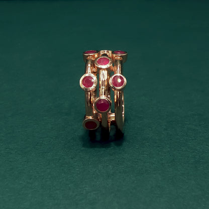 Gold Multi-Stone Ring with Round Red Ruby Cabochons