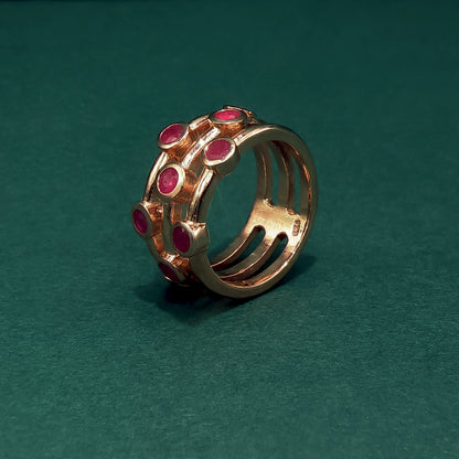 Gold Multi-Stone Ring with Round Red Ruby Cabochons
