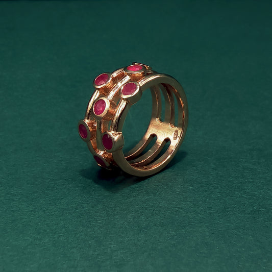 Gold Multi-Stone Ring with Round Red Ruby Cabochons