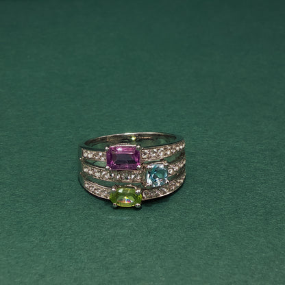 White Gold Multistone Ring with Emerald Cut Amethyst