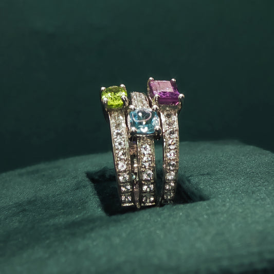 White Gold Multistone Ring with Emerald Cut Amethyst