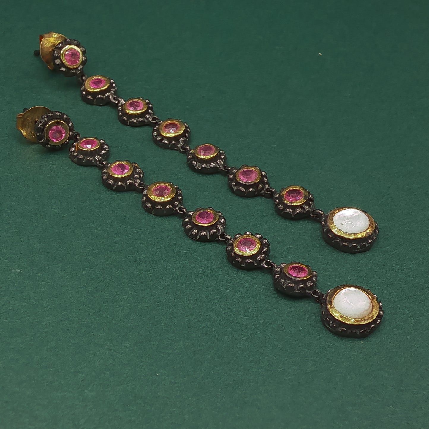 Silver Dangle Earrings with Round Cabochon Red Rubies