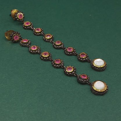 Silver Dangle Earrings with Round Cabochon Red Rubies