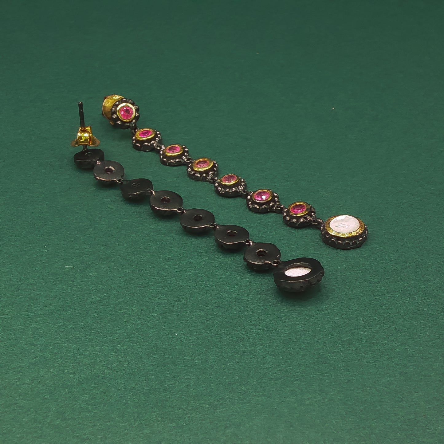 Silver Dangle Earrings with Round Cabochon Red Rubies