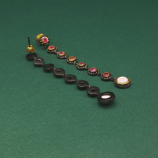 Silver Dangle Earrings with Round Cabochon Red Rubies