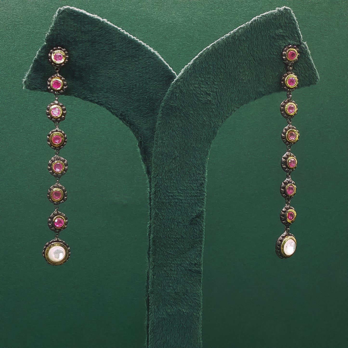 Silver Dangle Earrings with Round Cabochon Red Rubies