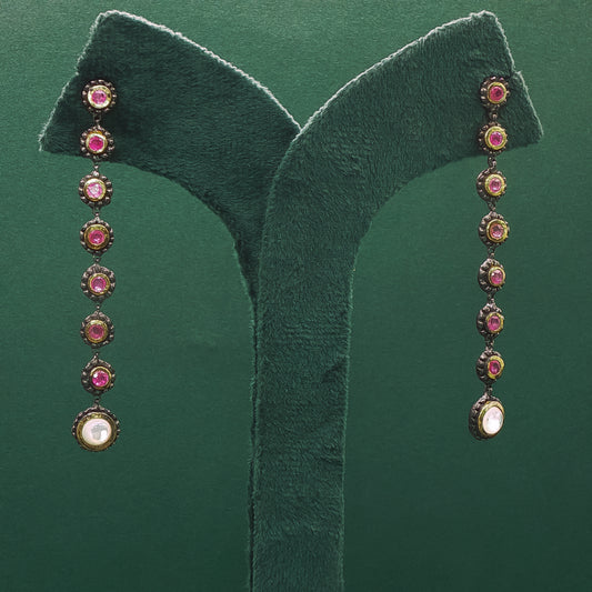 Silver Dangle Earrings with Round Cabochon Red Rubies