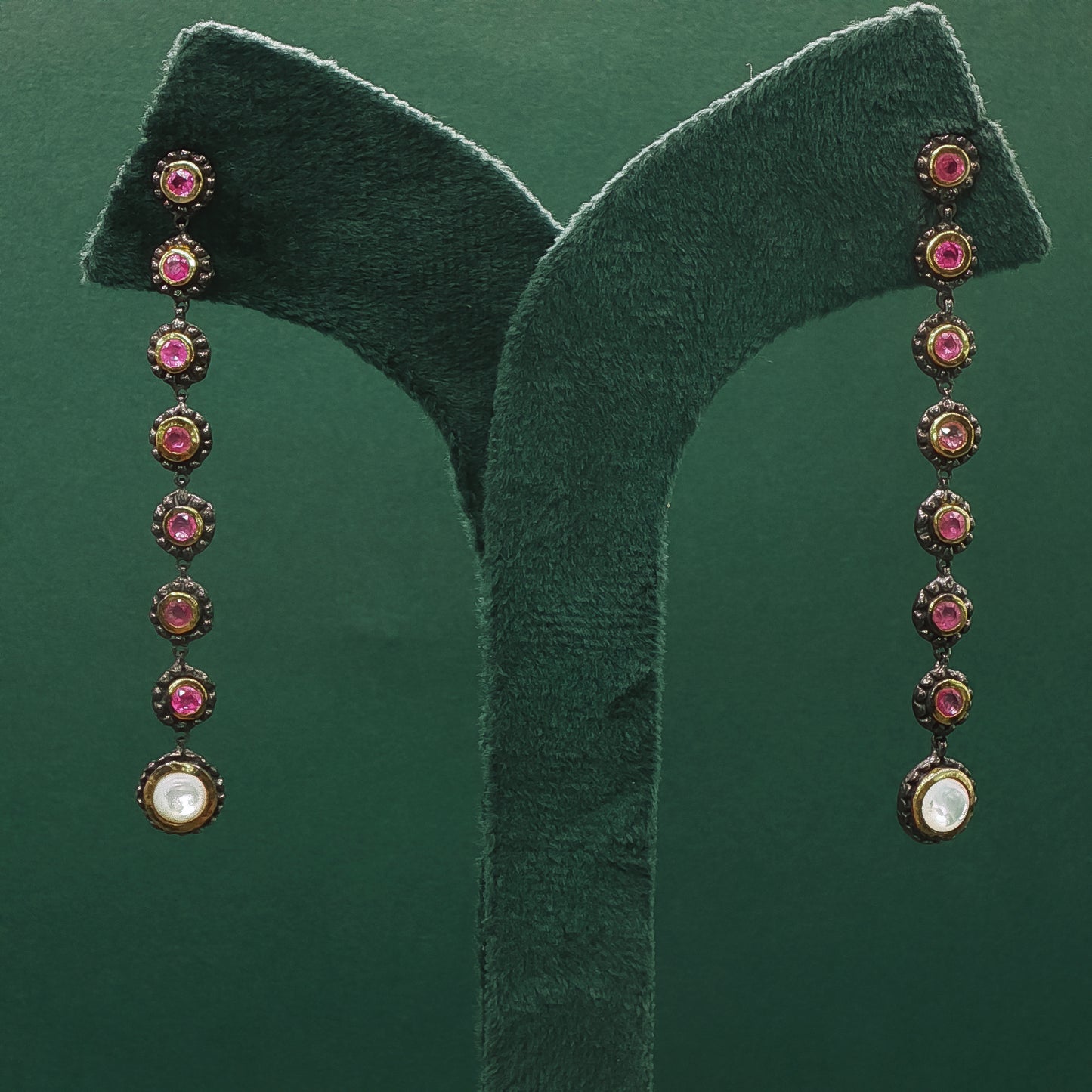 Silver Dangle Earrings with Round Cabochon Red Rubies