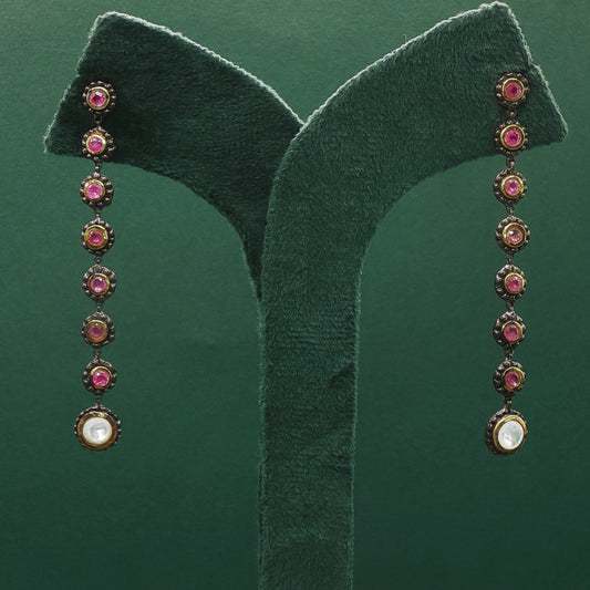 Silver Dangle Earrings with Round Cabochon Red Rubies