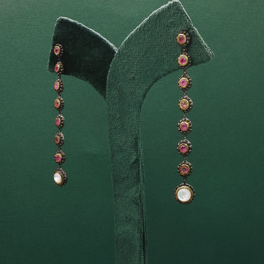 Silver Dangle Earrings with Round Cabochon Red Rubies