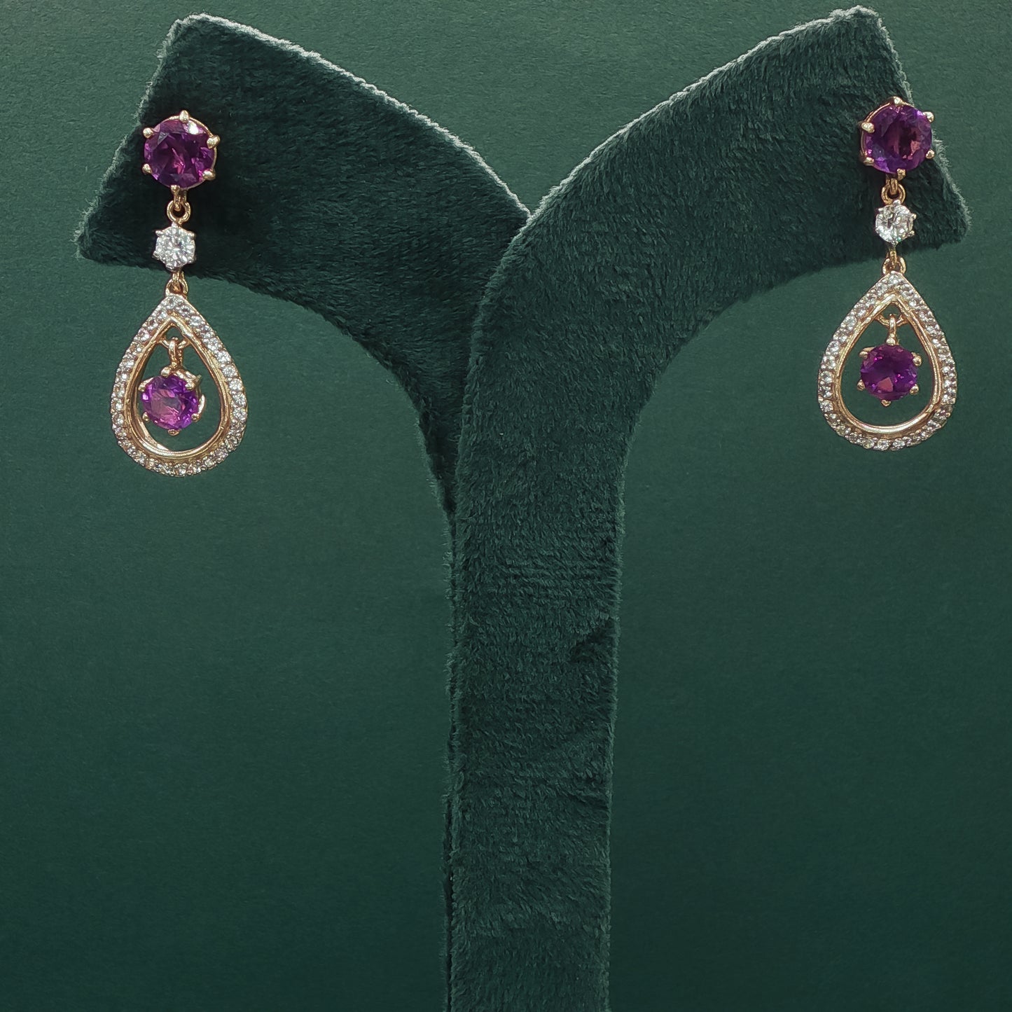 Gold Drop Earrings with Round Cabochon Amethyst