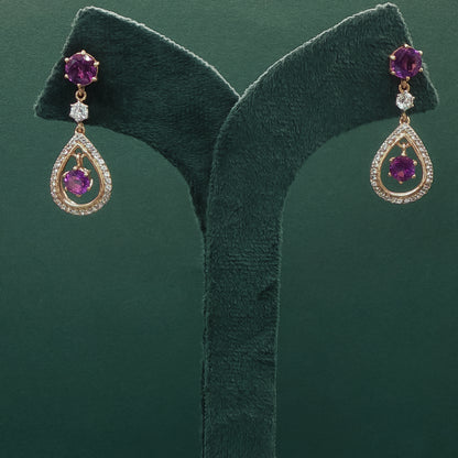 Gold Drop Earrings with Round Cabochon Amethyst