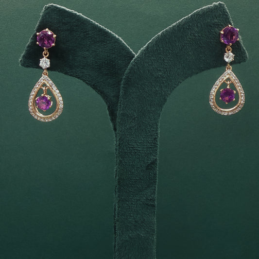 Gold Drop Earrings with Round Cabochon Amethyst