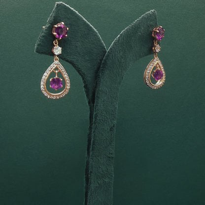 Gold Drop Earrings with Round Cabochon Amethyst