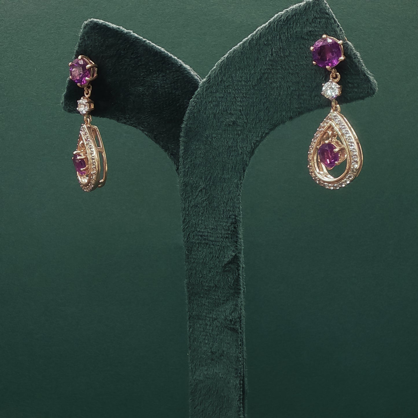 Gold Drop Earrings with Round Cabochon Amethyst