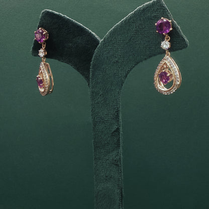 Gold Drop Earrings with Round Cabochon Amethyst