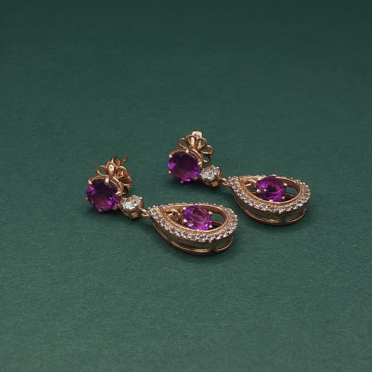 Gold Drop Earrings with Round Cabochon Amethyst