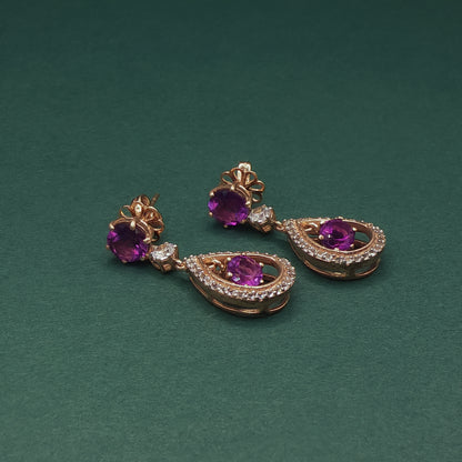 Gold Drop Earrings with Round Cabochon Amethyst