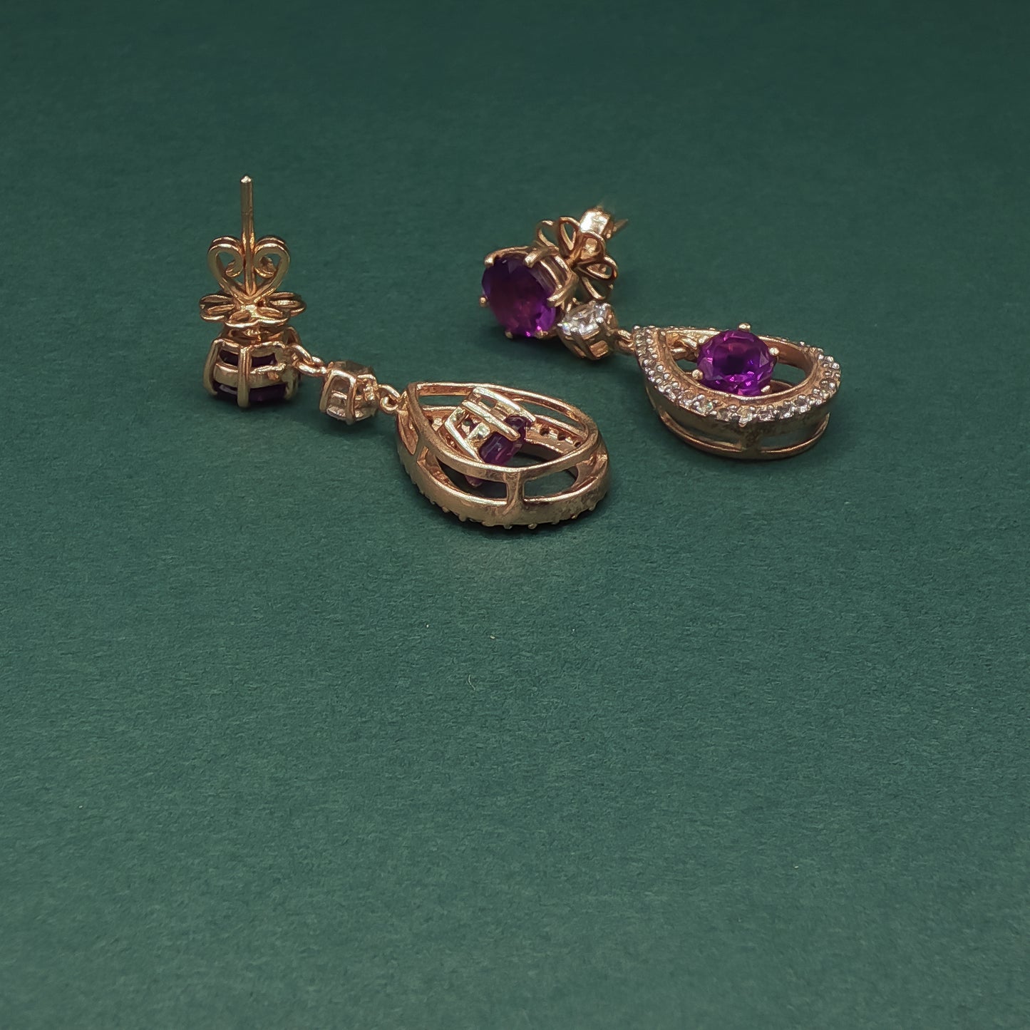 Gold Drop Earrings with Round Cabochon Amethyst