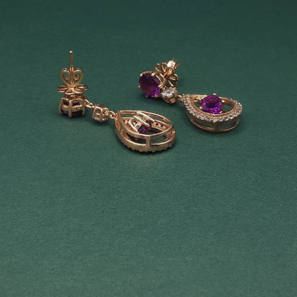 Gold Drop Earrings with Round Cabochon Amethyst