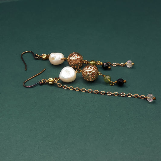 Gold Dangle Earrings with Round Cabochon Pearl