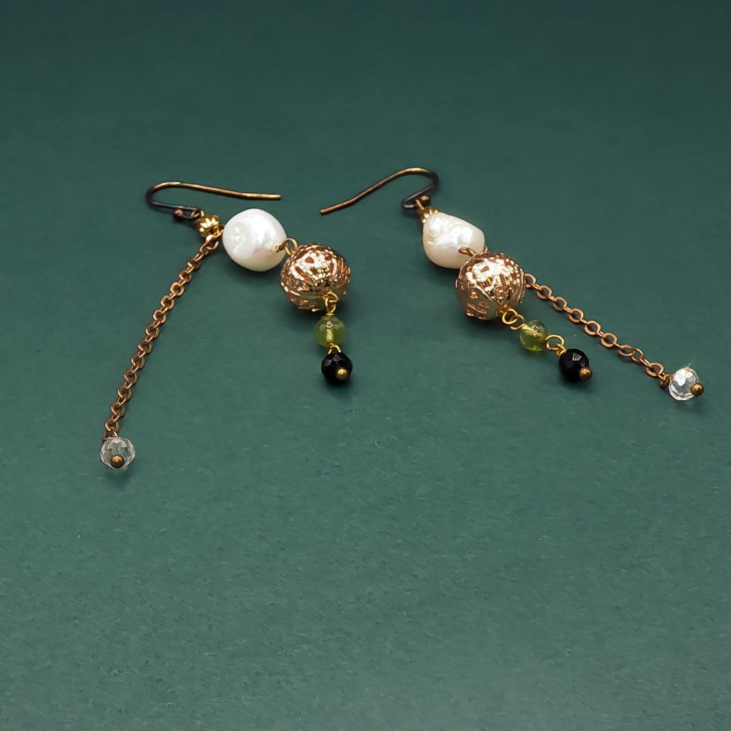 Gold Dangle Earrings with Round Cabochon Pearl