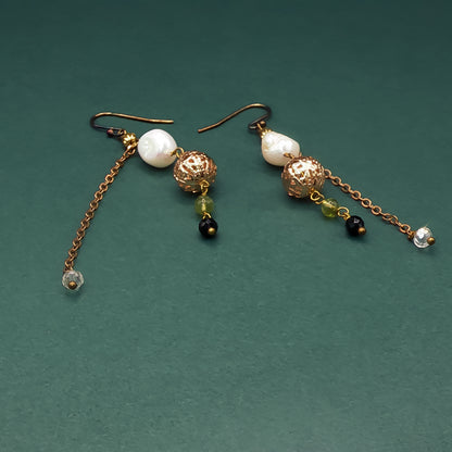 Gold Dangle Earrings with Round Cabochon Pearl
