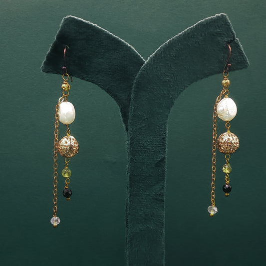 Gold Dangle Earrings with Round Cabochon Pearl