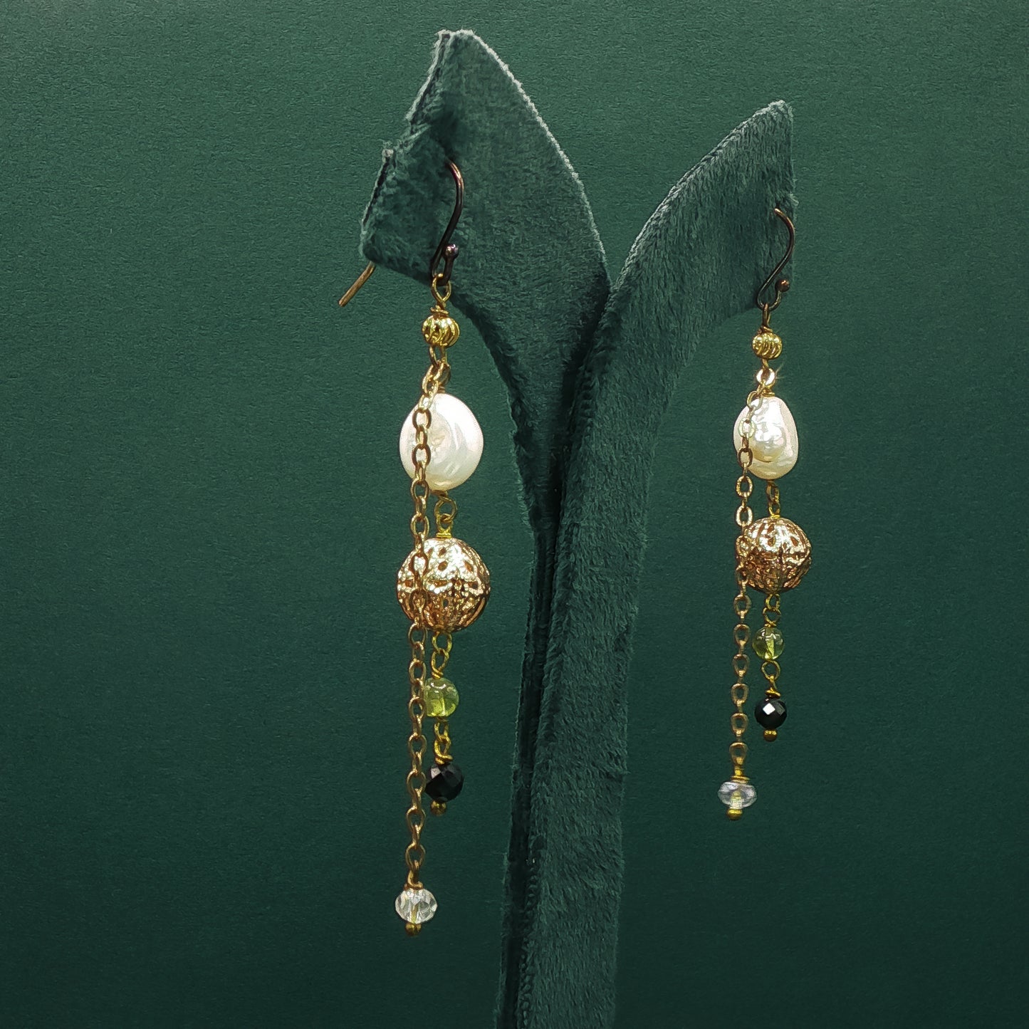 Gold Dangle Earrings with Round Cabochon Pearl