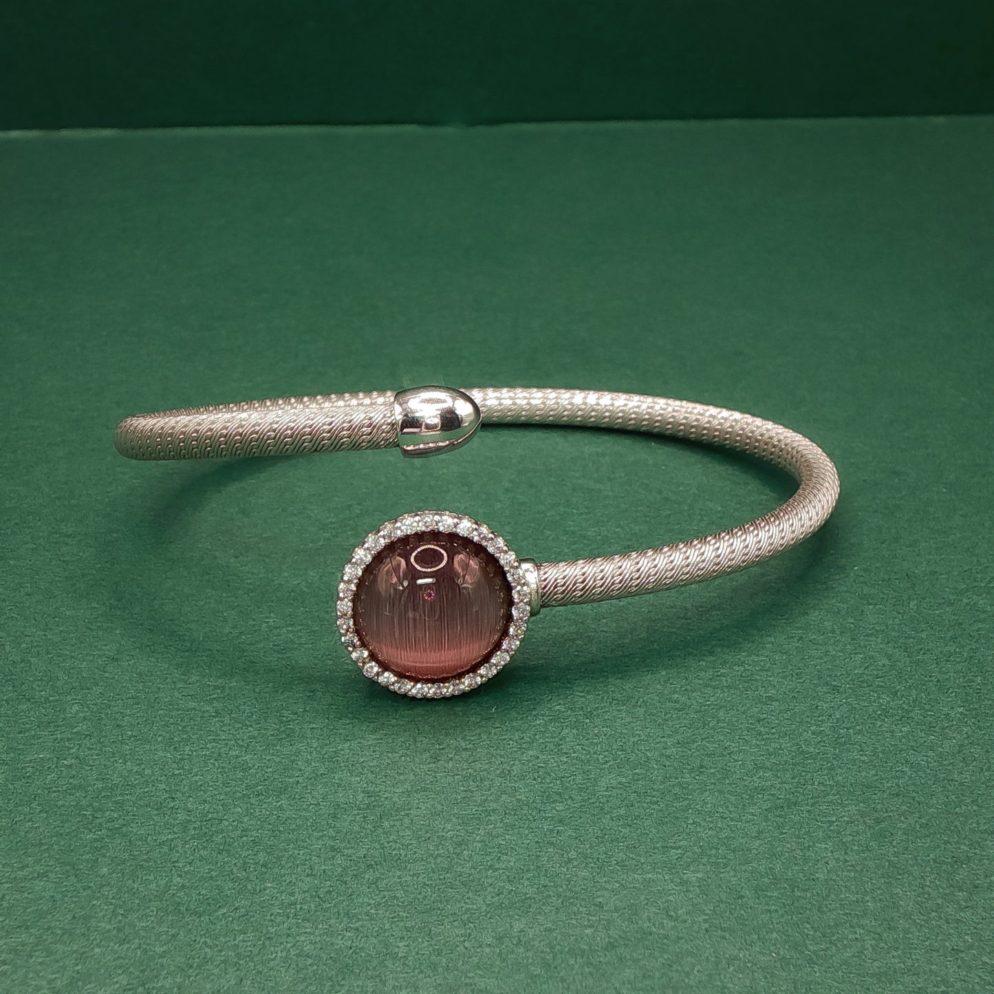Sterling Silver Bangle Bracelet with Round Rose Quartz Cabochon