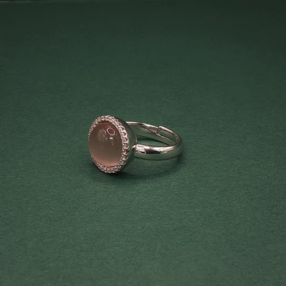 Sterling Silver Bangle Bracelet with Round Rose Quartz Cabochon