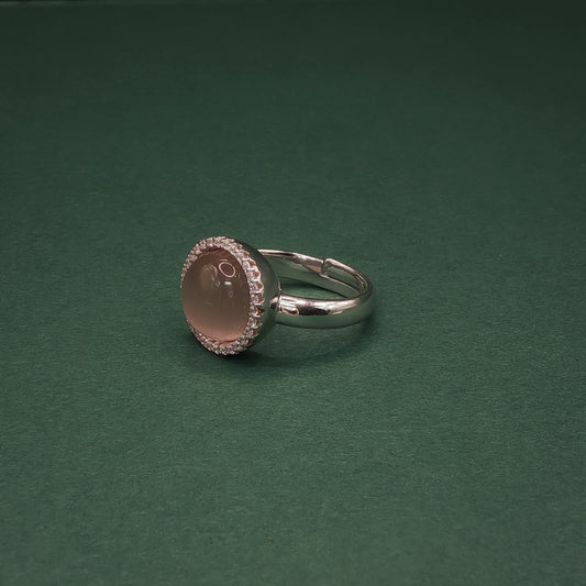 Sterling Silver Bangle Bracelet with Round Rose Quartz Cabochon