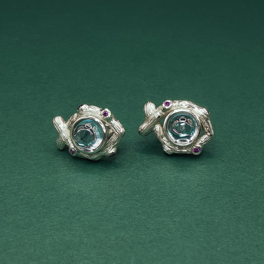 Sterling Silver Stud Earrings with Cabochon Aquamarines