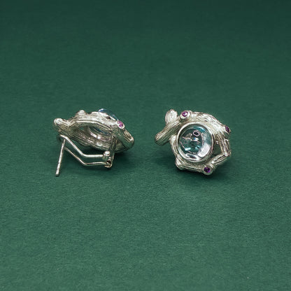 Sterling Silver Stud Earrings with Cabochon Aquamarines