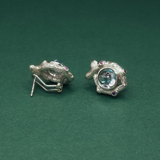 Sterling Silver Stud Earrings with Cabochon Aquamarines