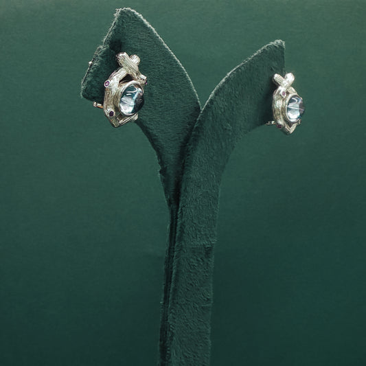 Sterling Silver Stud Earrings with Cabochon Aquamarines