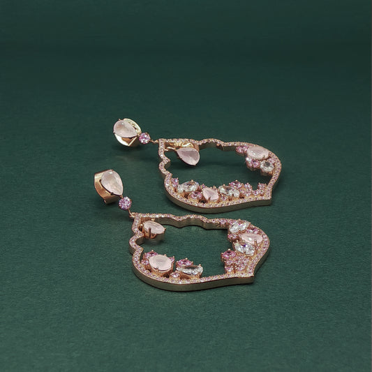 Gold Dangle Earrings with Oval Cabochon Rose Quartz