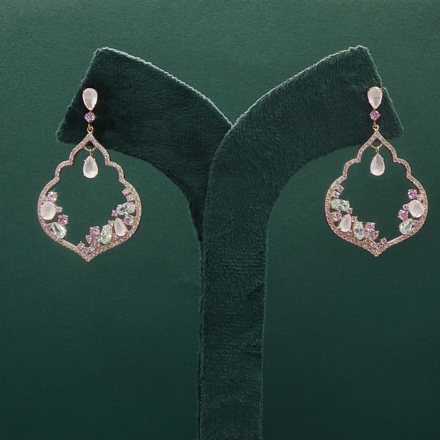 Gold Dangle Earrings with Oval Cabochon Rose Quartz