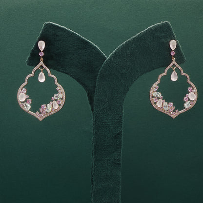 Gold Dangle Earrings with Oval Cabochon Rose Quartz