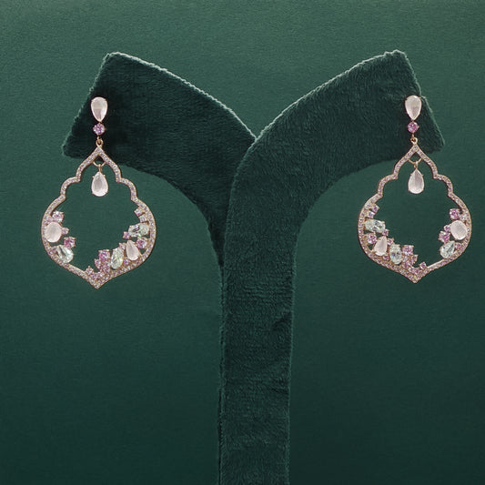 Gold Dangle Earrings with Oval Cabochon Rose Quartz