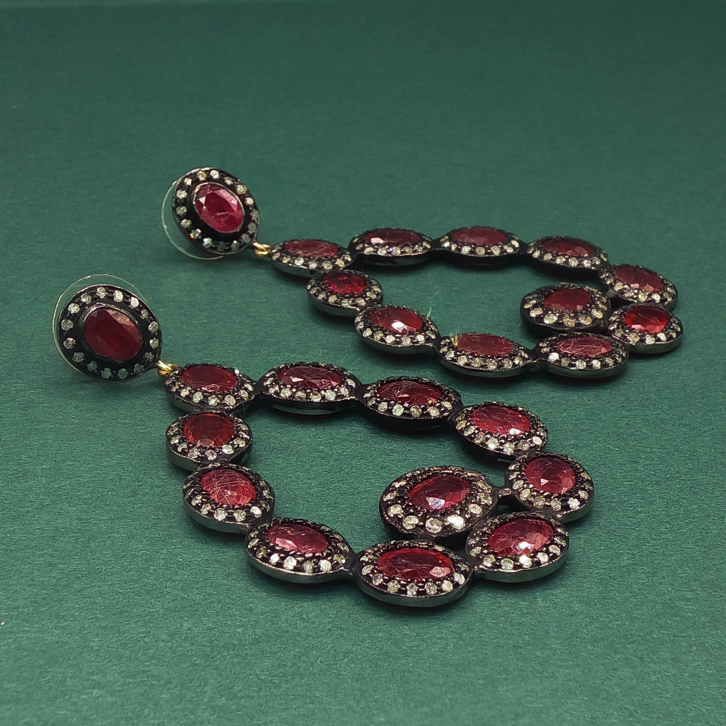 Sterling Silver Dangle Earrings with Red Ruby Cabochons