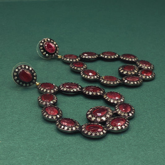 Sterling Silver Dangle Earrings with Red Ruby Cabochons