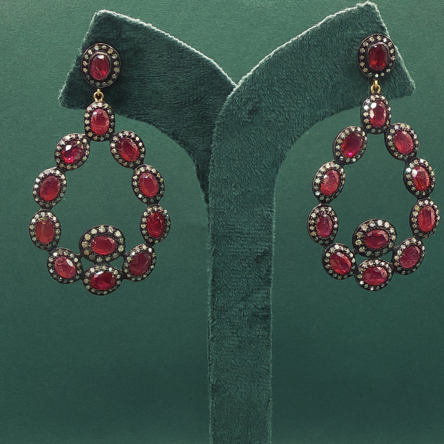 Sterling Silver Dangle Earrings with Red Ruby Cabochons