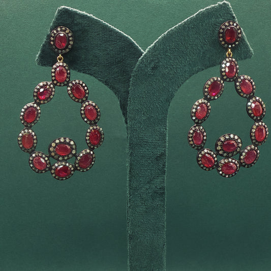 Sterling Silver Dangle Earrings with Red Ruby Cabochons